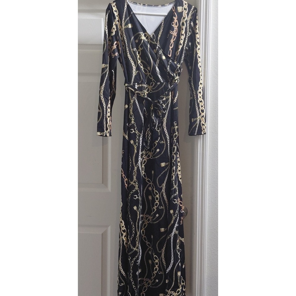 Women's XL Black Gold Chain Print Maxi Dress Long Sleeve Belted V-Neck